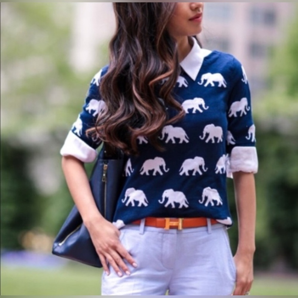 Talbots Navy Sweater with White Elephant Print
